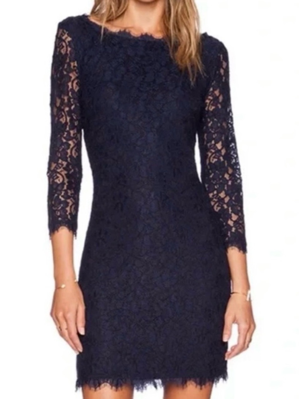 Iconic Larita Diane Von Furstenberg Navy Lace Long-Sleeve Sheath Dress